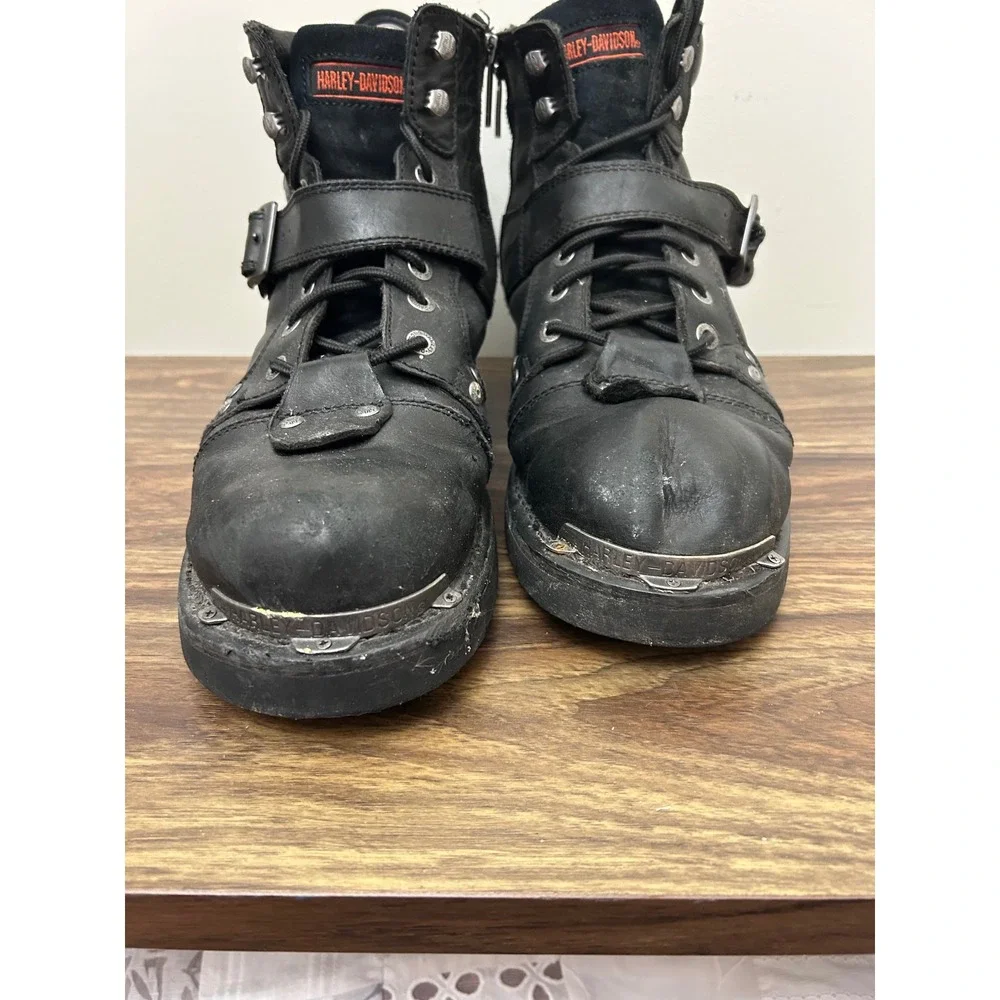 Harley Davidson Mens Black Leather Biker Boots Side Zip Buckle Moto Lug Sole